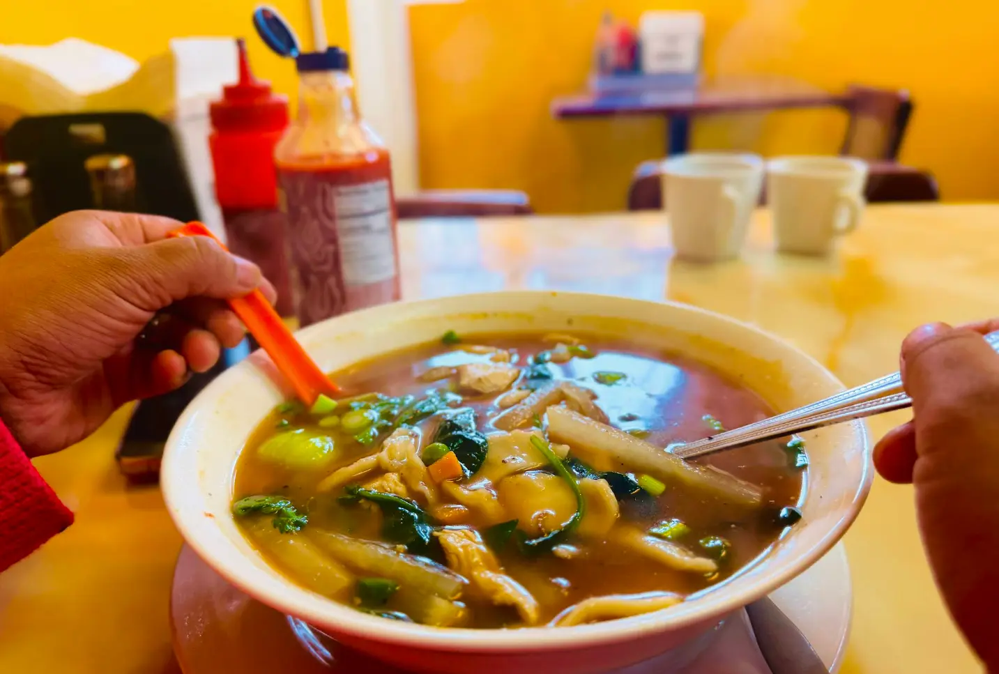 Thenthuk hand-pulled noodle soup served at Tibet Kitchen, Boulder CO